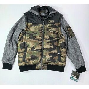 Hard Edge Mens Camo Quilted Hooded Jacket XL Gray Knit Sleeve NEW